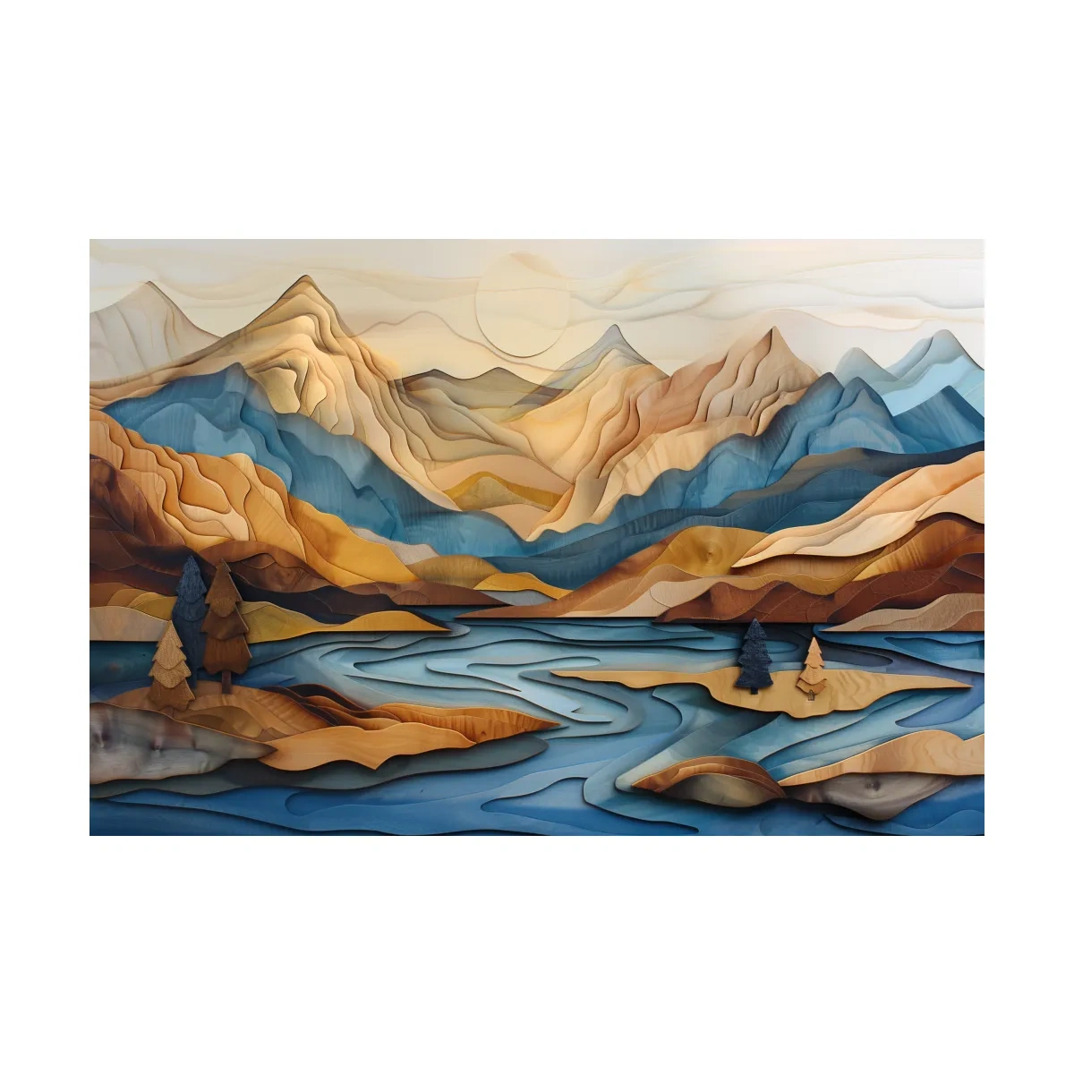 Wood Intarsia Style Alpine Mountain Lake Landscape - Modern Abstract Wall Art