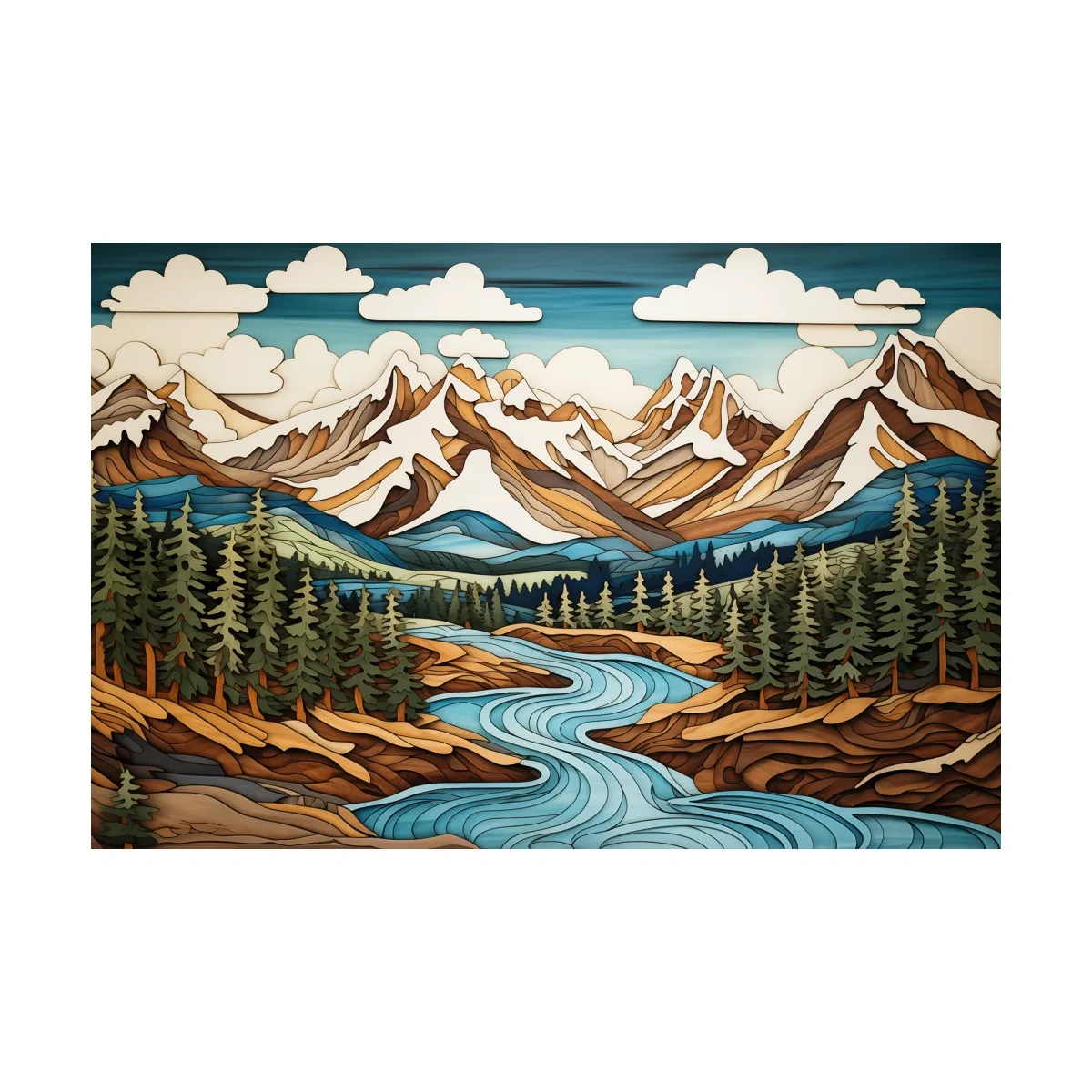 Intarsia Style Mountain River Landscape - Rustic Alpine Forest Artwork