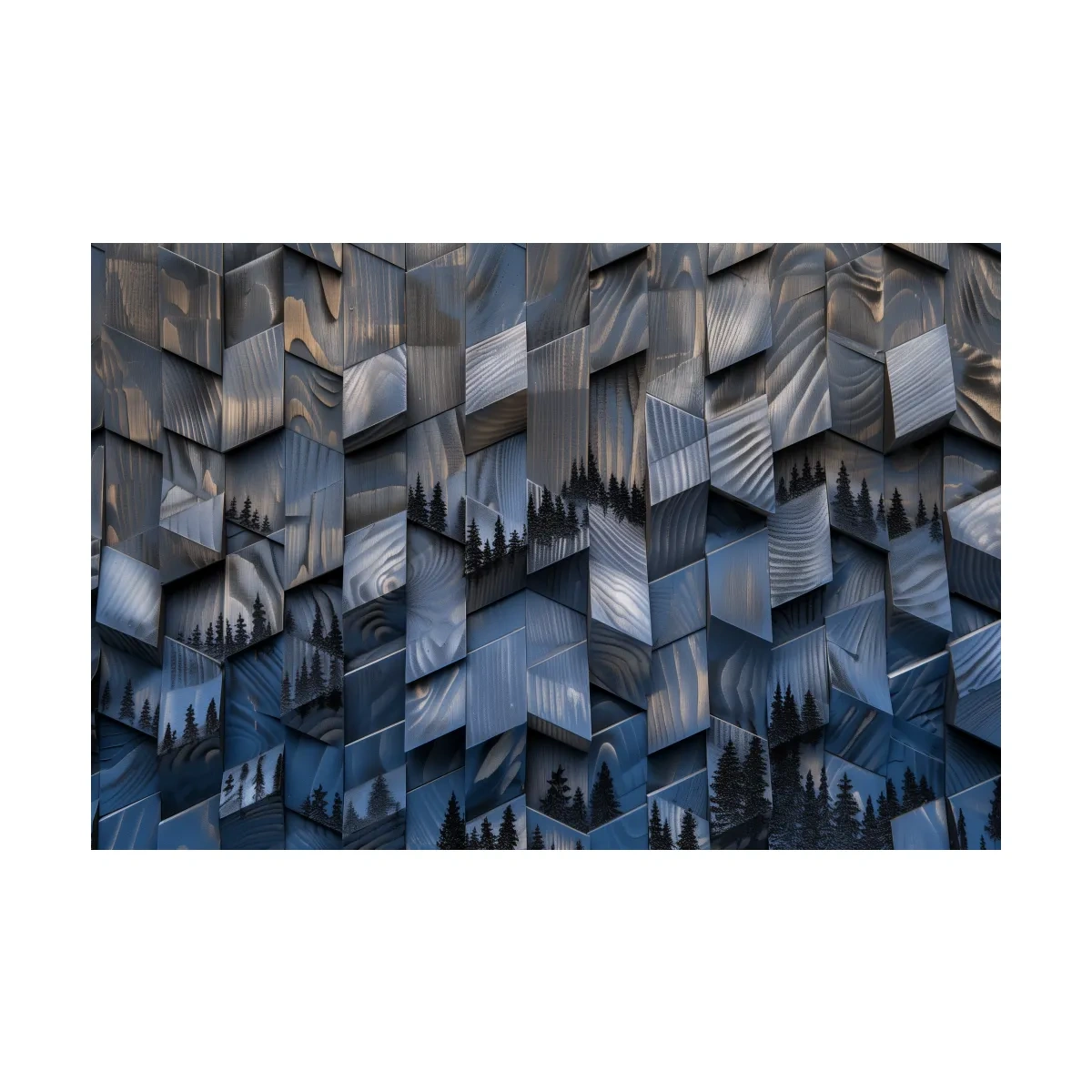 Wood Block Mountain Forest Collage - 3D Effect Abstract Landscape Wall Art