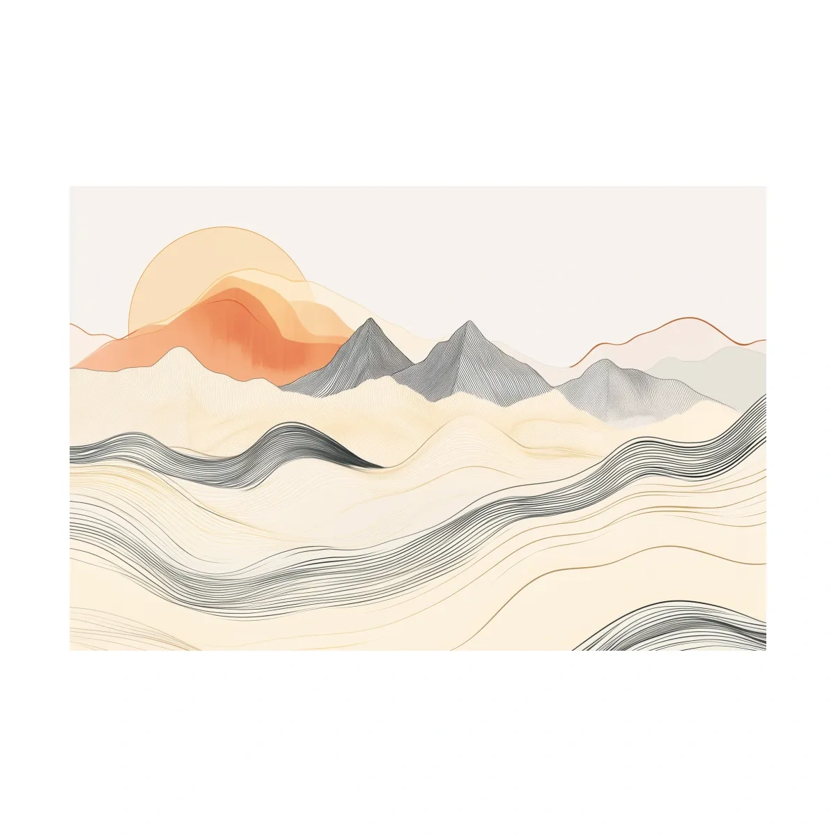 Minimalist Line Art Mountain Sunset - Abstract Landscape Wall Art
