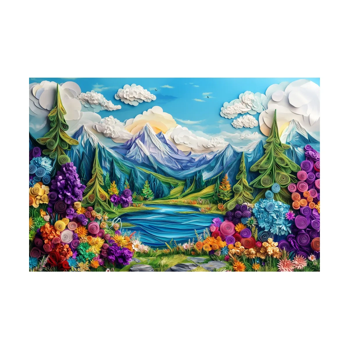 Vibrant alpine meadows artwork, 3D paper quilling effect