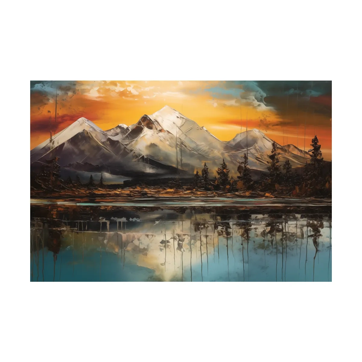 Abstract oil painting of an alpine lake at sunset