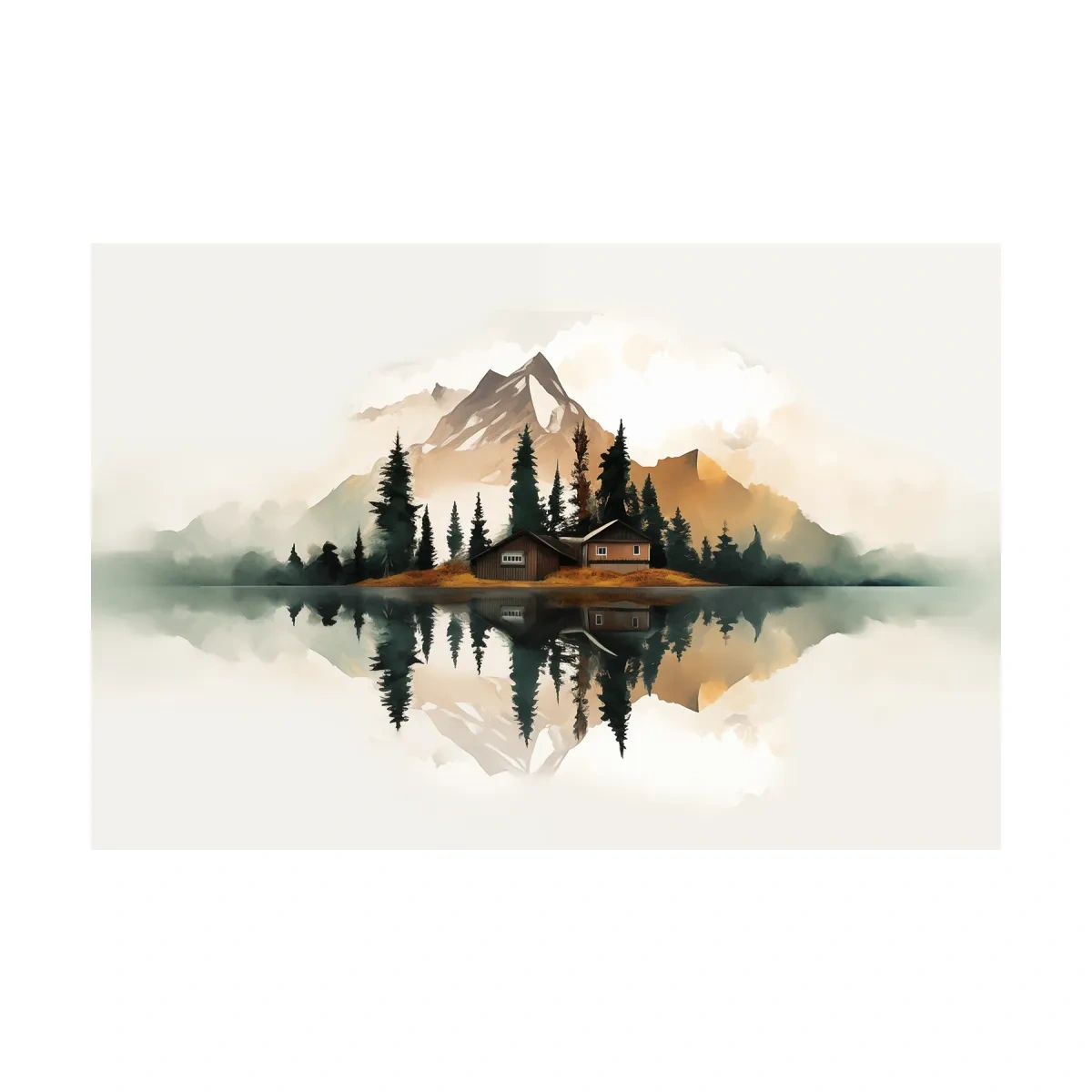 Minimalist Mountain Cabin Lake Reflection - Misty Watercolor Landscape Wall Art