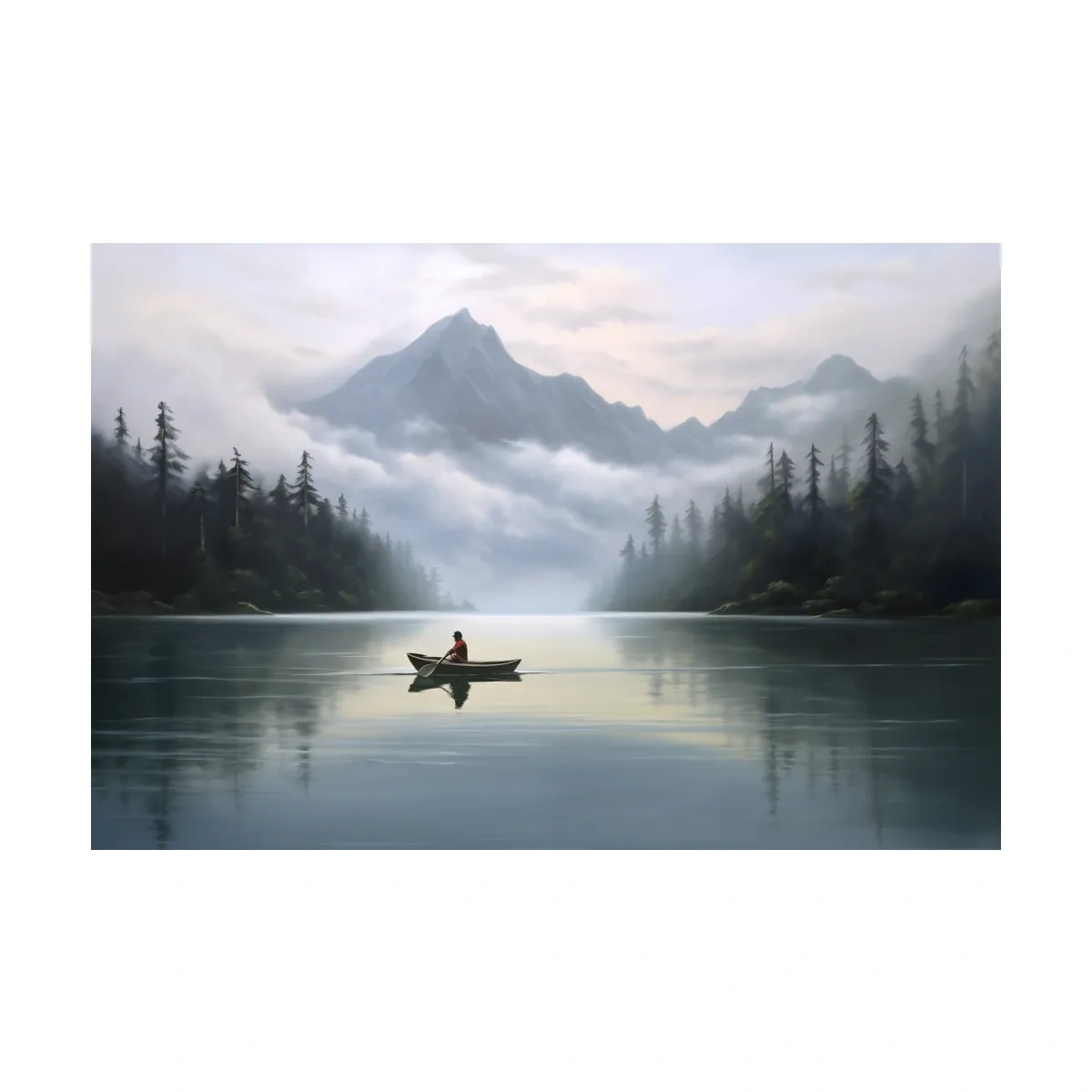 Misty Mountain Alpine Lake Canoe Scene - Serene Landscape Wall Art