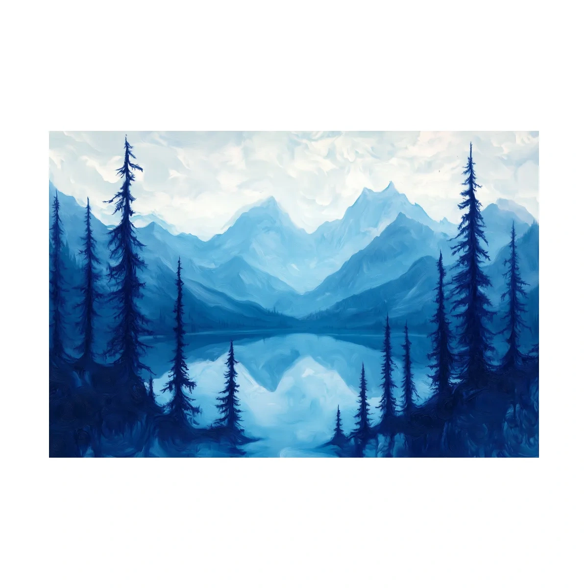 Oil painting artwork, view over an alpine lake in the mountains