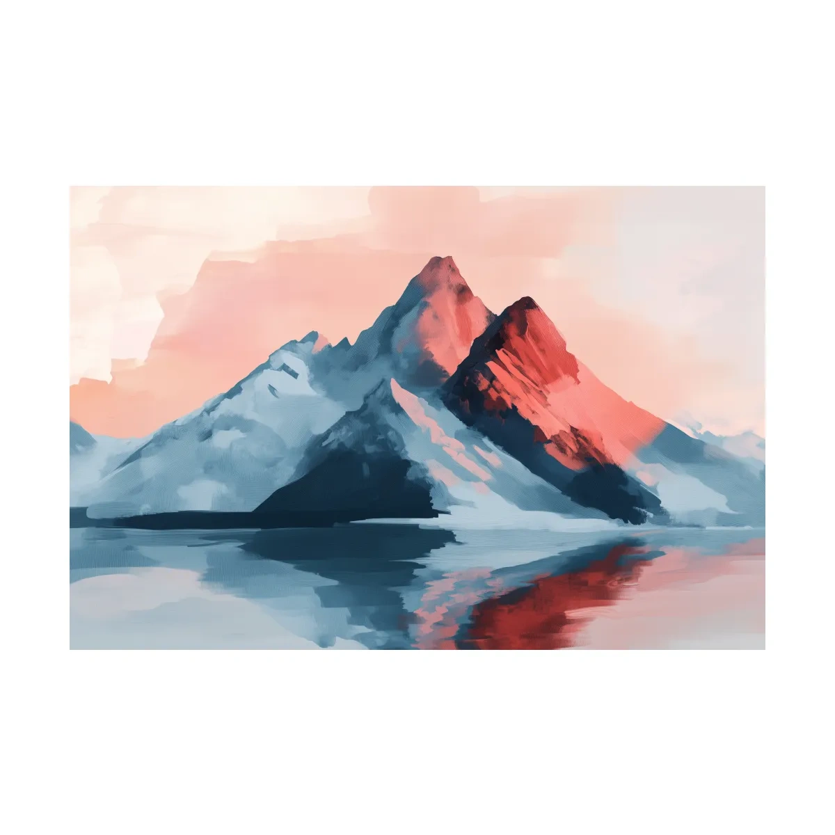 Pastel mountain painting at sunset, glacier reflecting on a lake