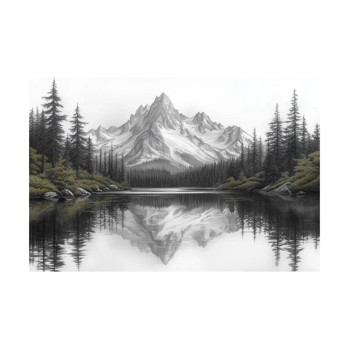 Monochrome Alpine Mountain Lake Reflection Sketch Artwork - Minimalist Forest Landscape Wall Art