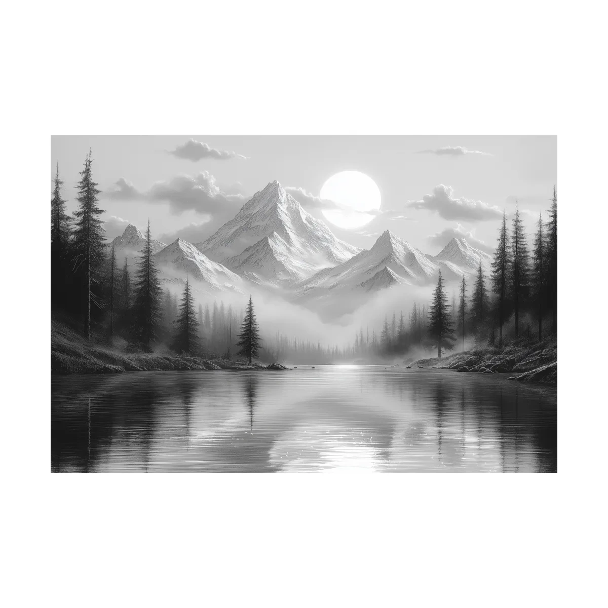 Monochrome Misty Alpine Lake Landscape - Mountain Forest Wall Art