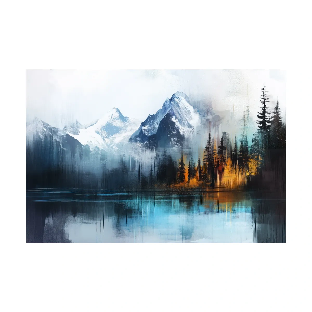 Misty Mountain & Lake Reflection - Abstract Painting Pine Forest Wall Art