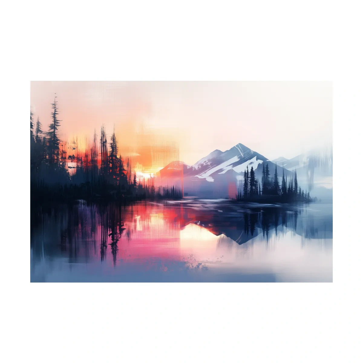 Vibrant Sunset Alpine Mountain Lake Reflection - Abstract Watercolor Forest Wall Art