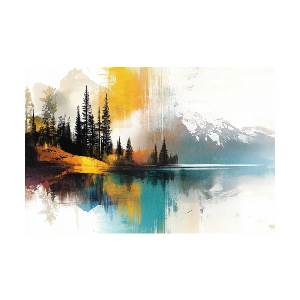 Colorful Abstract Mountain Lake Reflection Painting - Forest Landscape Wall Art