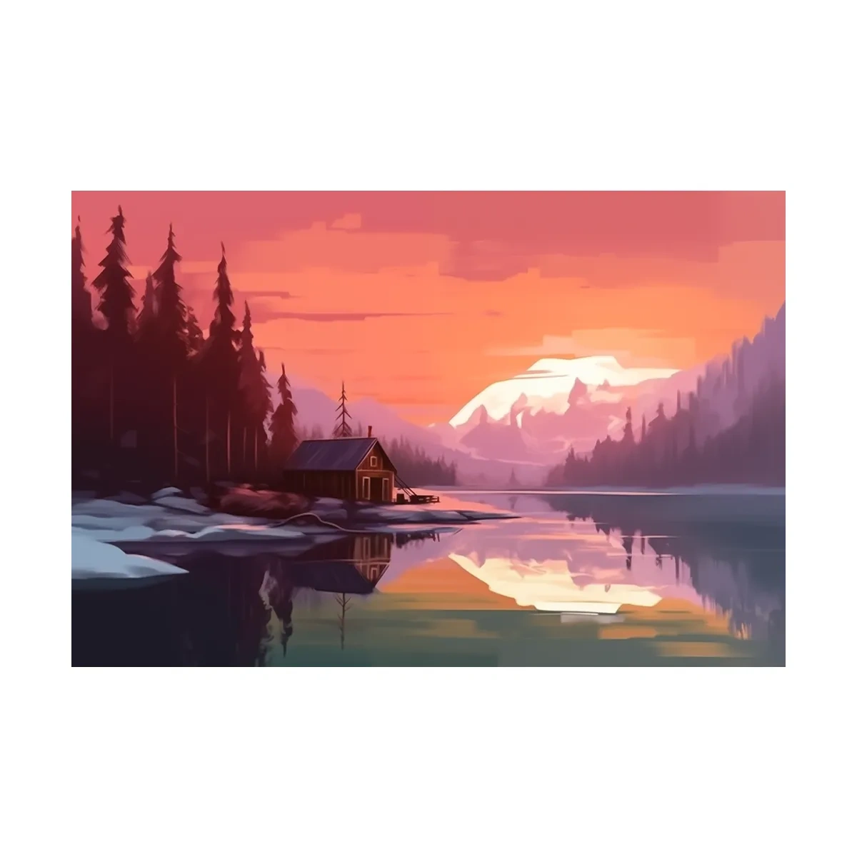 Sunset Mountain Lake Cabin Painting - Serene Alpine Landscape Wall Art