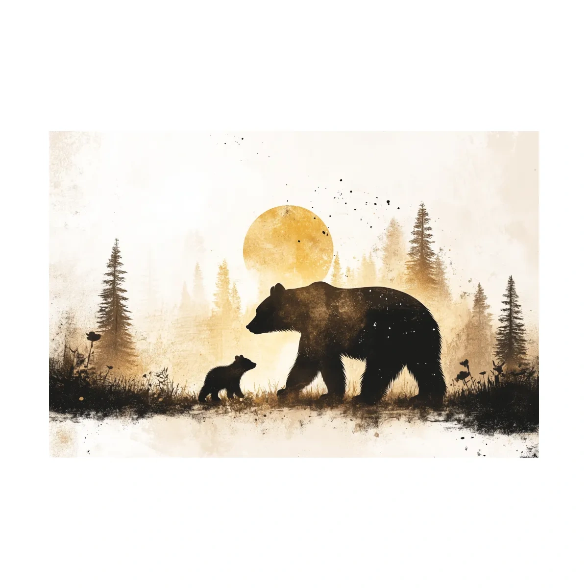 Momma bear and her cub in the forest, textured illustration wall artwork