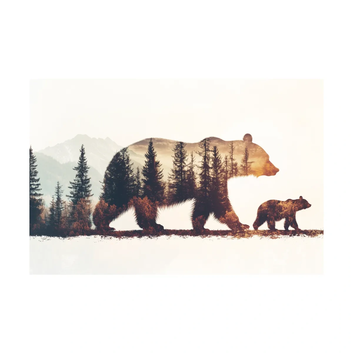 Rustic Double Exposure Bear Family - Sunset Forest Wildlife Wall Art