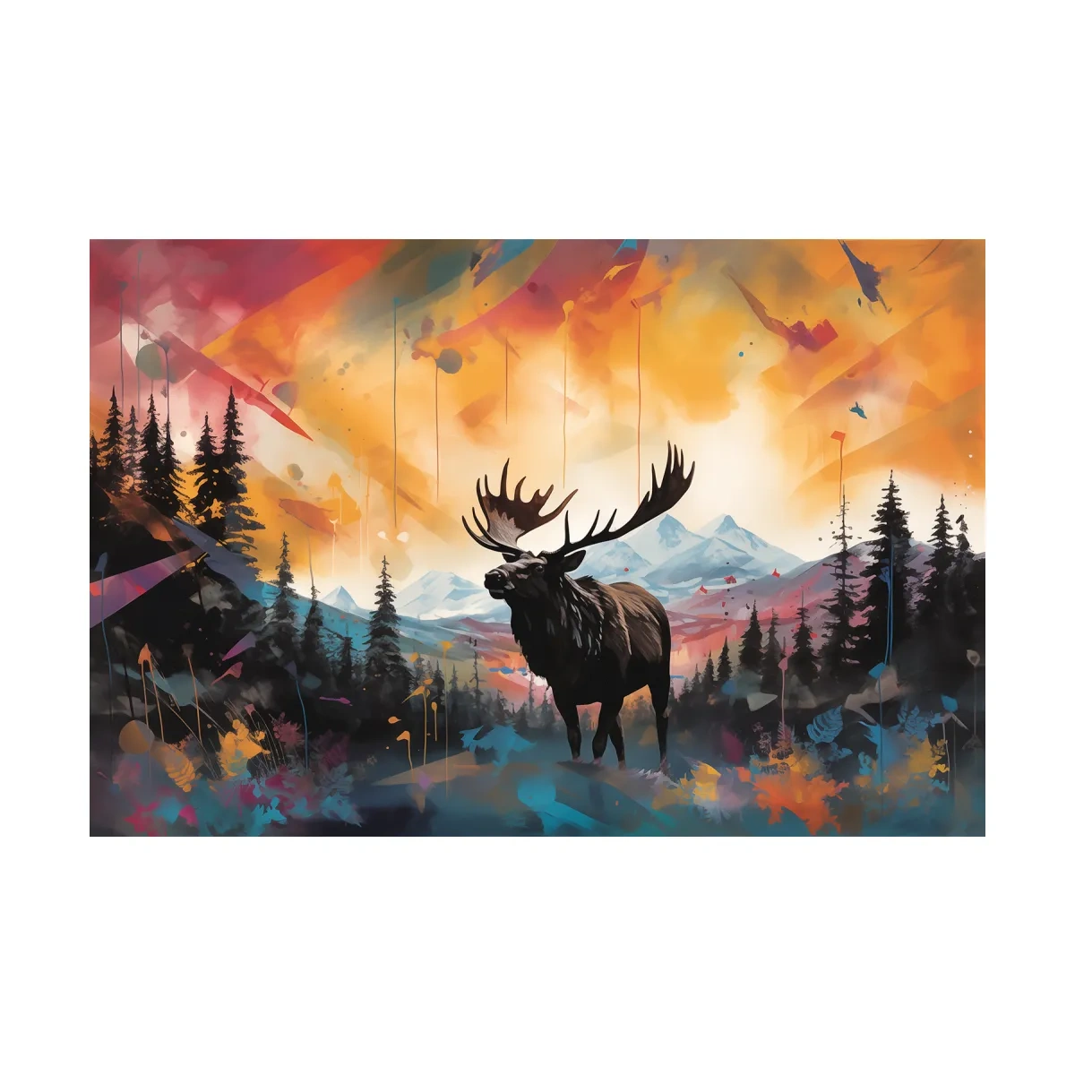 Vibrant Abstract Moose Mountain Painting - Colorful Wildlife Wall Art