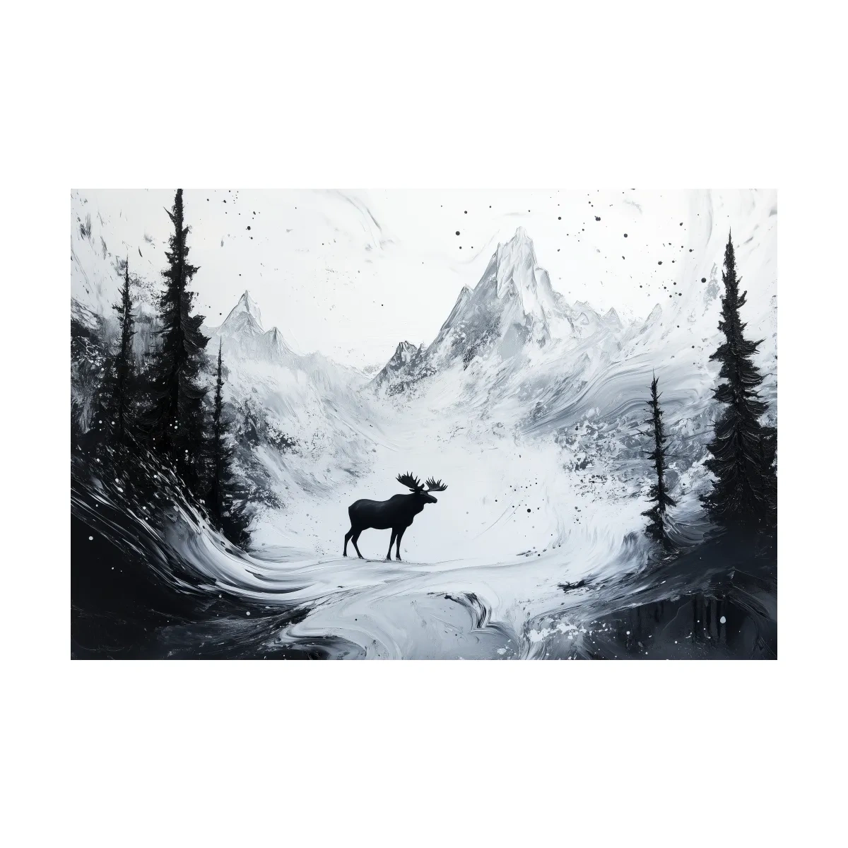 Moody Monochrome Moose Alpine Meadows - Abstract Ink Wash Wildlife Wall Art