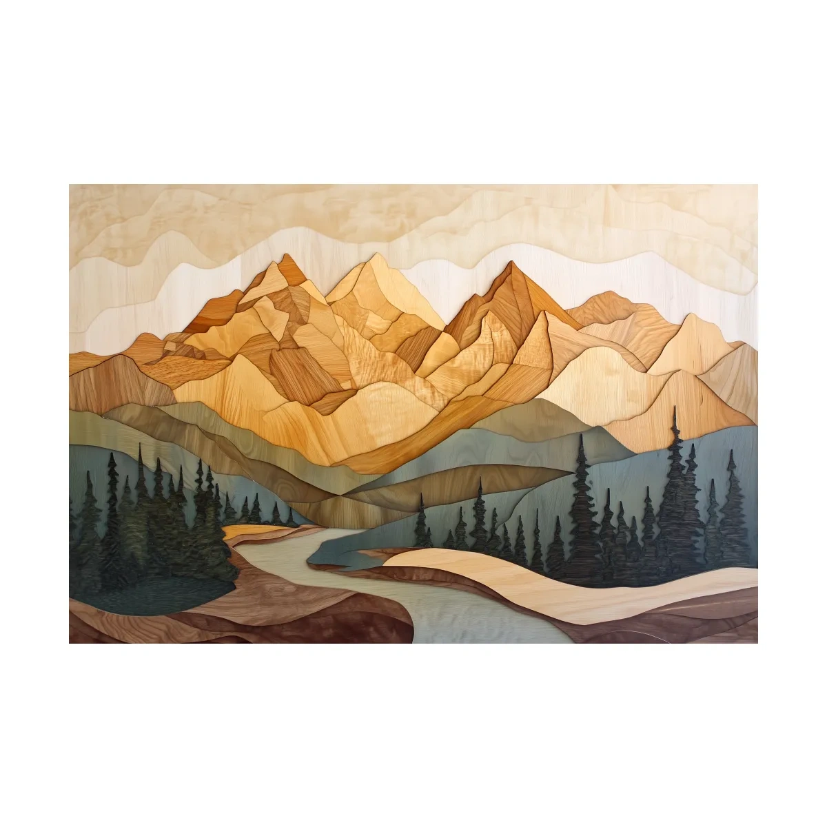Alpine forest mountain artwork, 3d layered wood intarsia style art