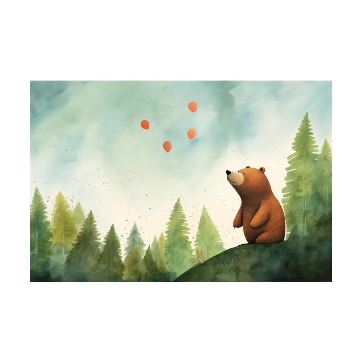 Whimsical Watercolor Bear Watching Balloons - Cute Nursery Forest Wall Art