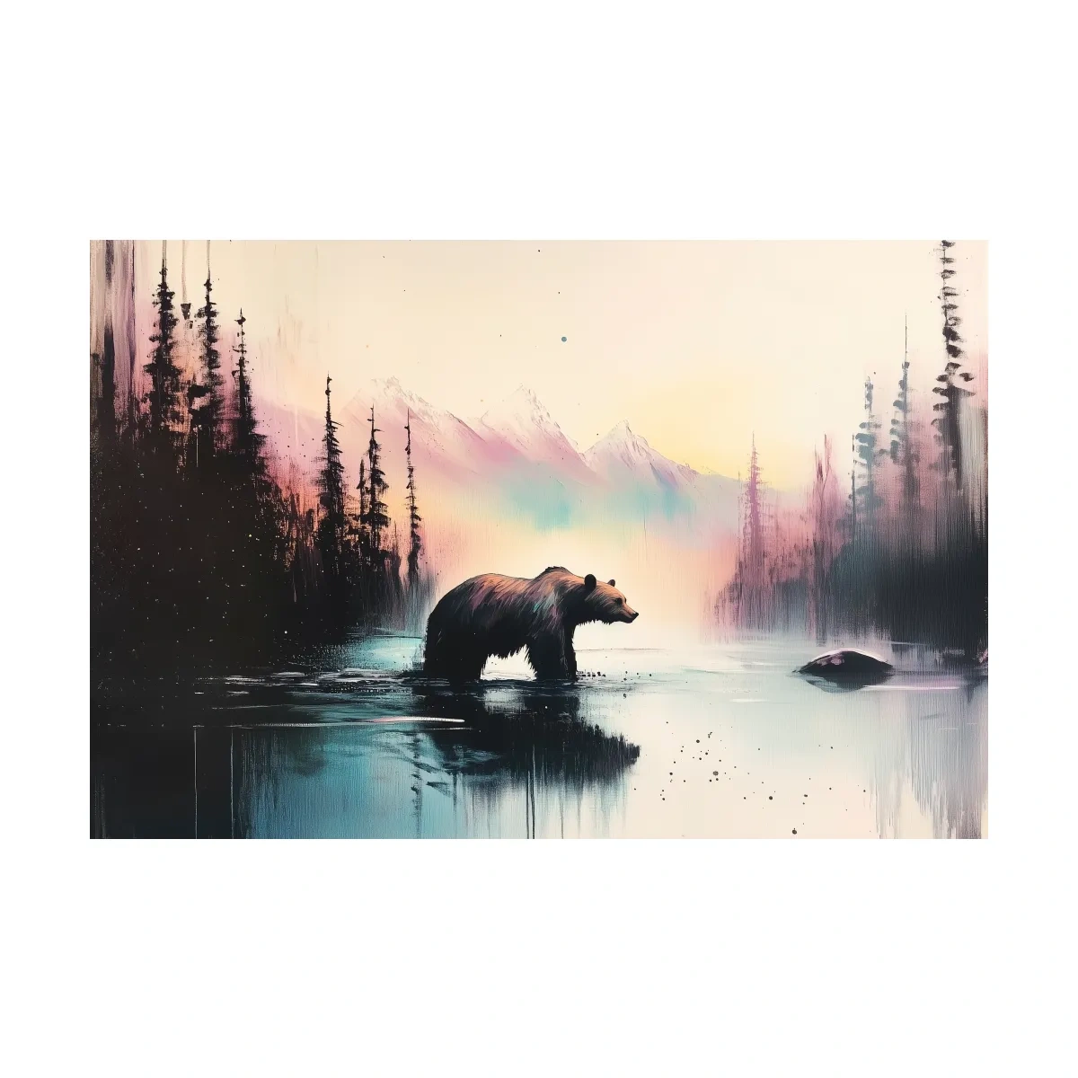 Moody Watercolor Grizzly Bear Lake Reflection - Misty Mountain Wilderness Wall Art