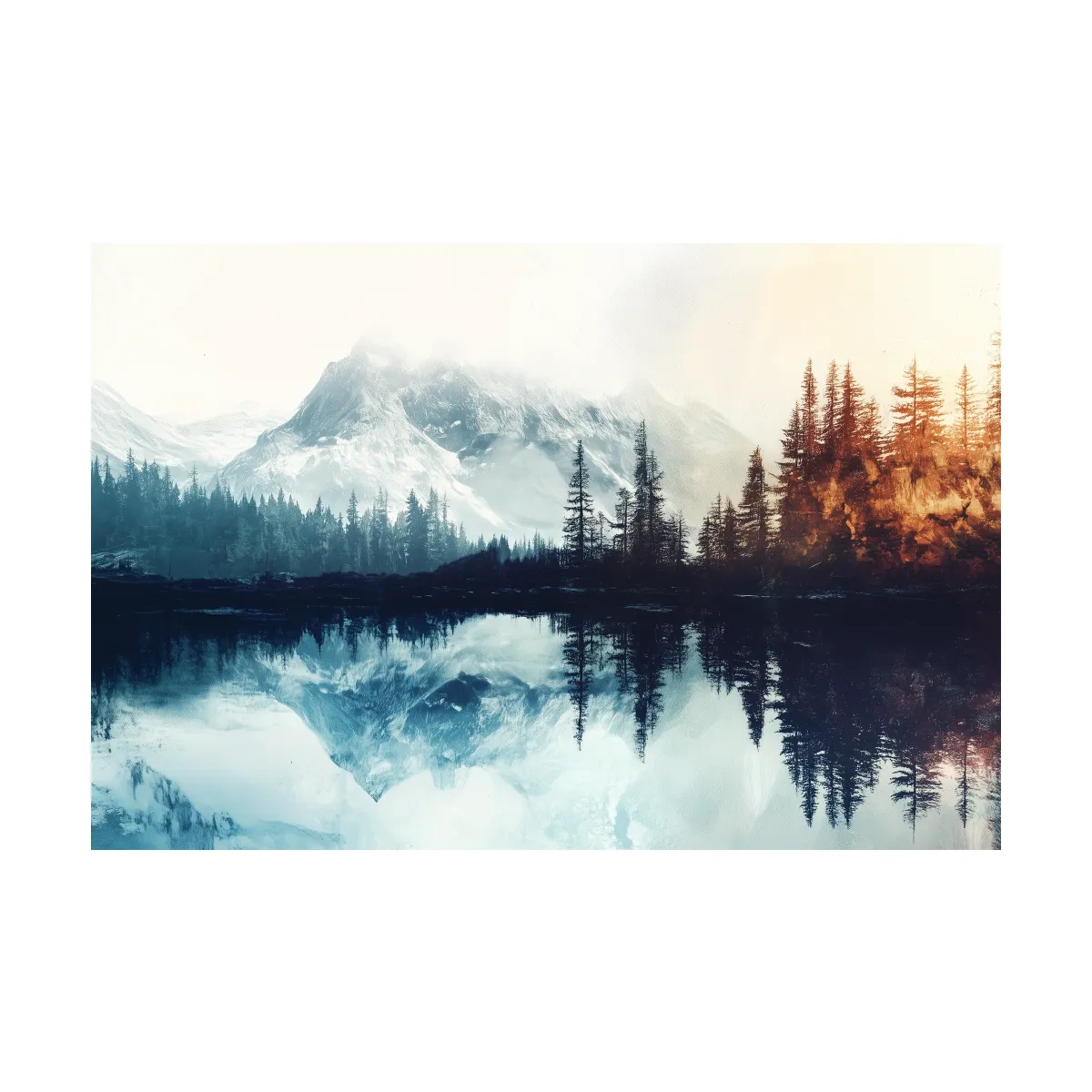 Misty Alpine Lake Reflection Landscape - Mountain Forest Sunrise Wall Art