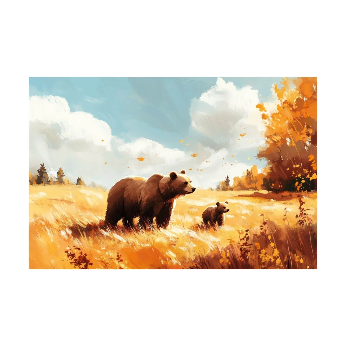 Autumn wildlife wall art, mother bear and cub in a golden meadow, painterly and impressionism style