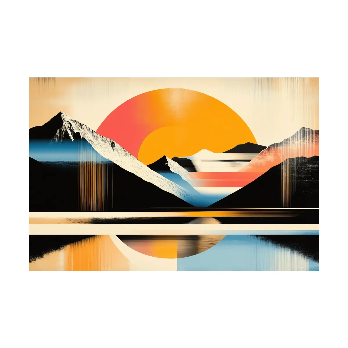 Retro Abstract Alpine Lake Sunset Artwork - Geometric Landscape Wall Art