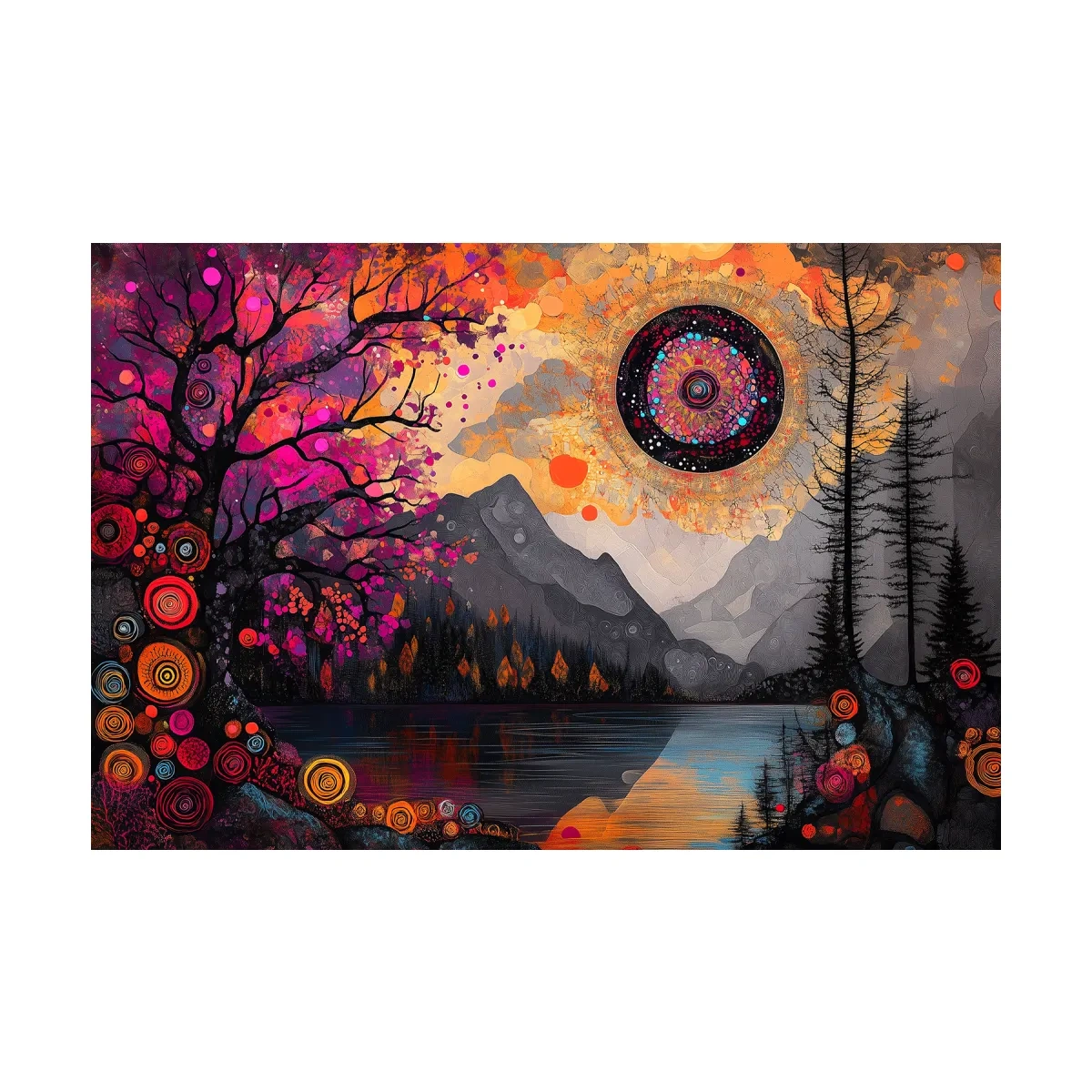 Psychedelic Mountain Lake Sunset Mandala - Vibrant Surreal Landscape Wall Art