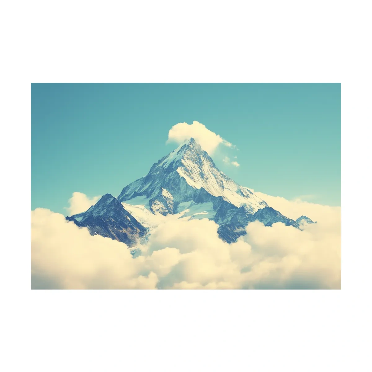 Minimal painting of a mountain peak emerging through clouds, serene artwork with soft blue sky