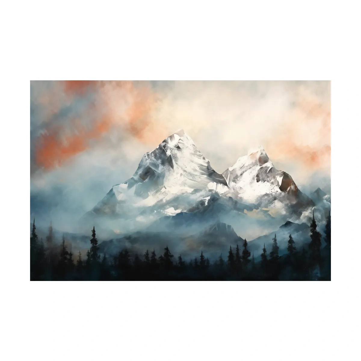 Misty Snowcapped Mountain Peaks Painting - Alpine Sunset Wall Art