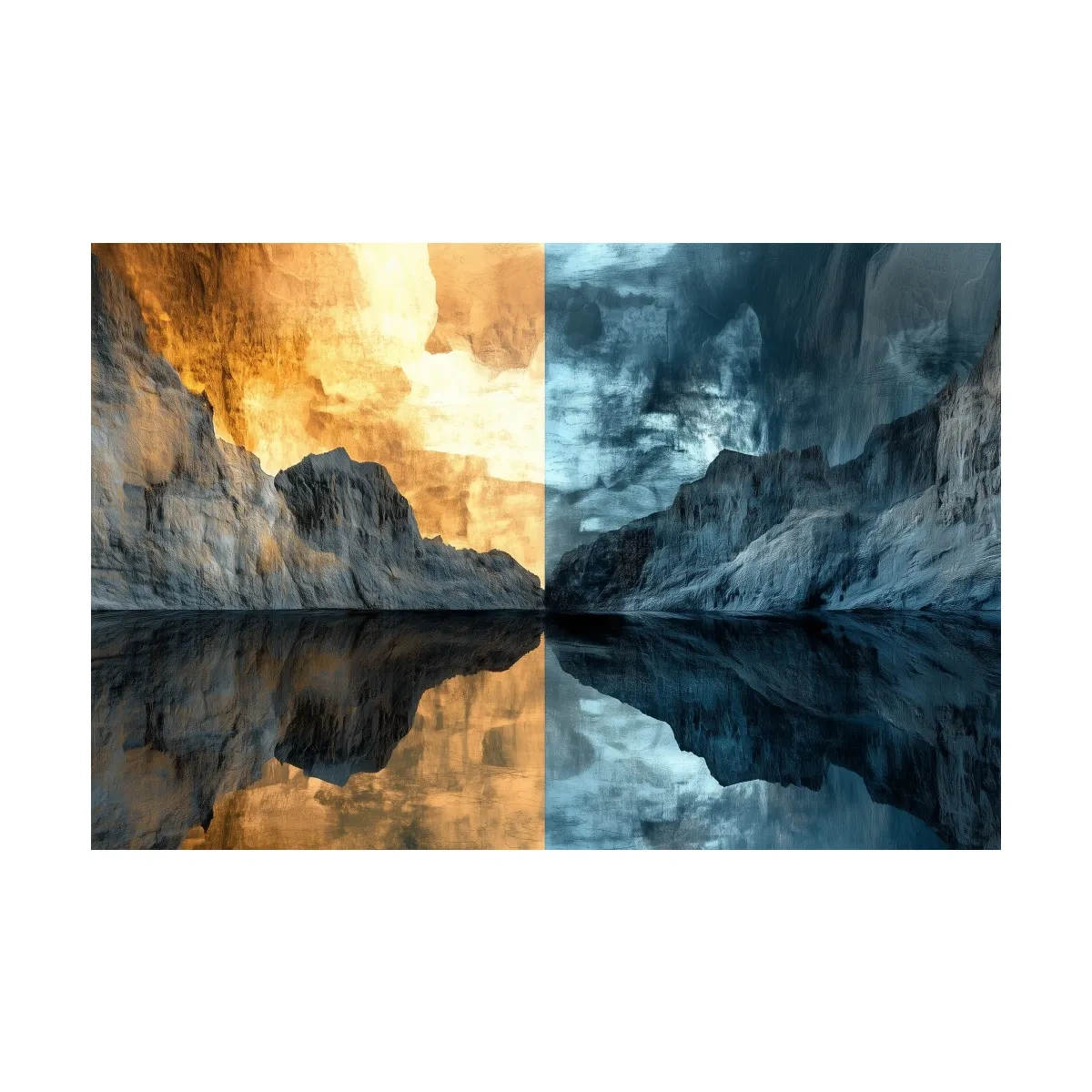 Split Tone Mountain Lake Reflection - Fiery Sunset Cool Twilight