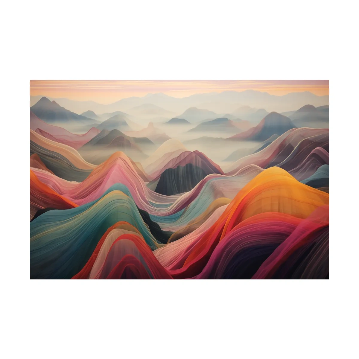 Colorful abstract mountain wall art, layered flowing waves effect