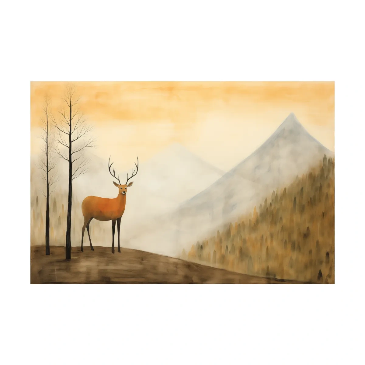 Deer Alpine Mountain Landscape Painting - Serene Foggy Forest Wall Art