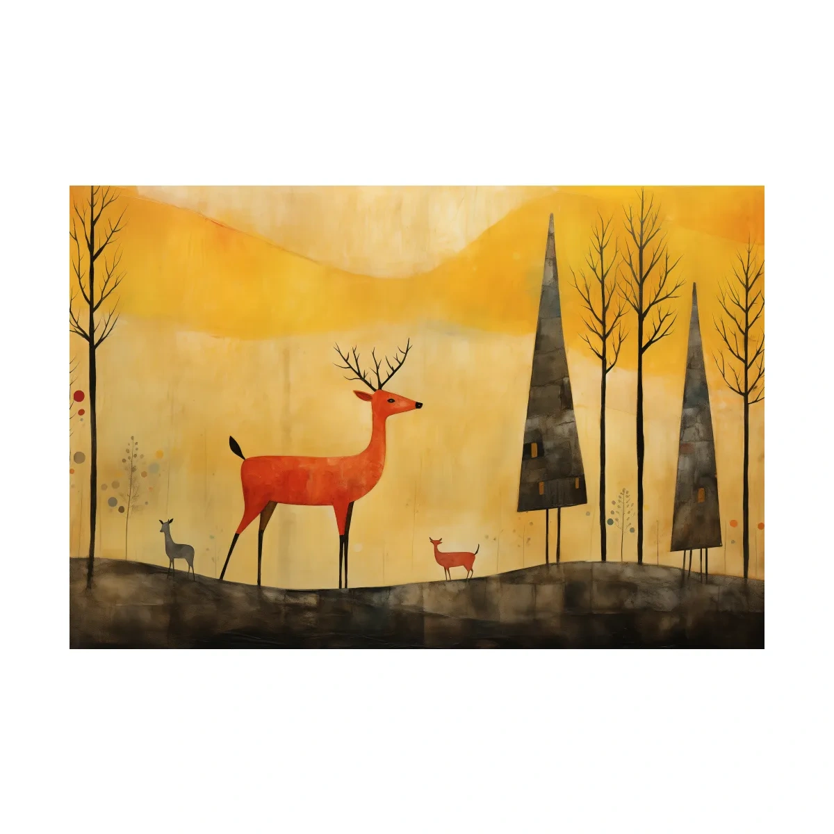Red deer in an autumn forest landscape, quirky painting artwork