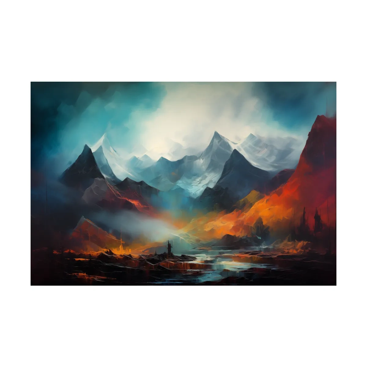 Colorful impressionist painting, abstract mountain landscape artwork
