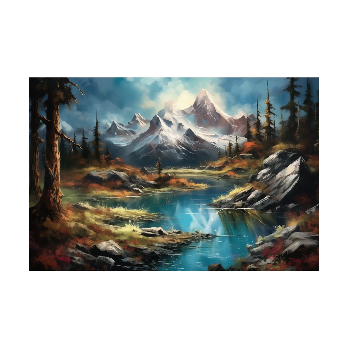 Serene alpine lake and snow-capped mountains wall artwork, vibrant scenic painting