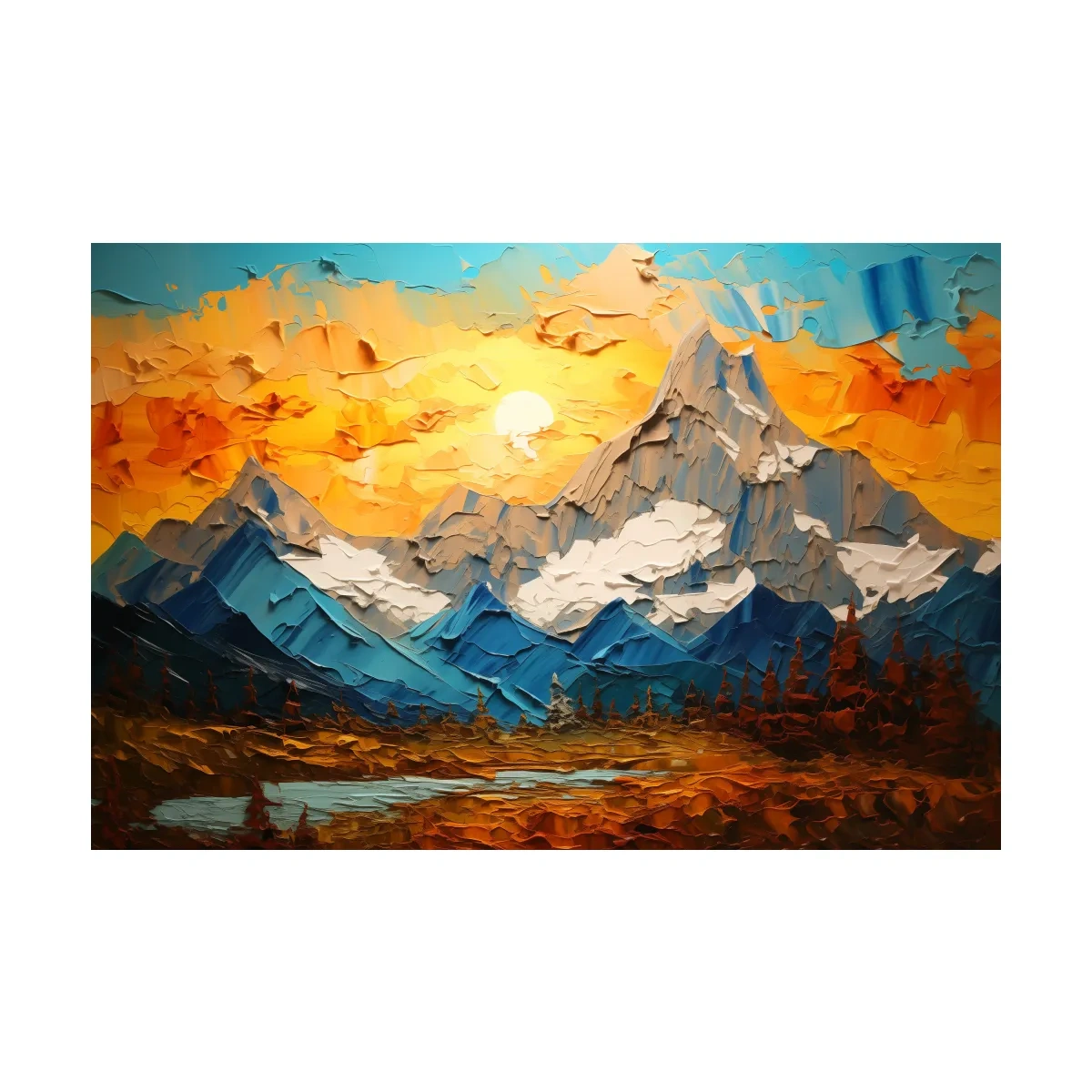 Palette Knife Style Mountain Sunset Painting - Vibrant Abstract Alpine Artwork