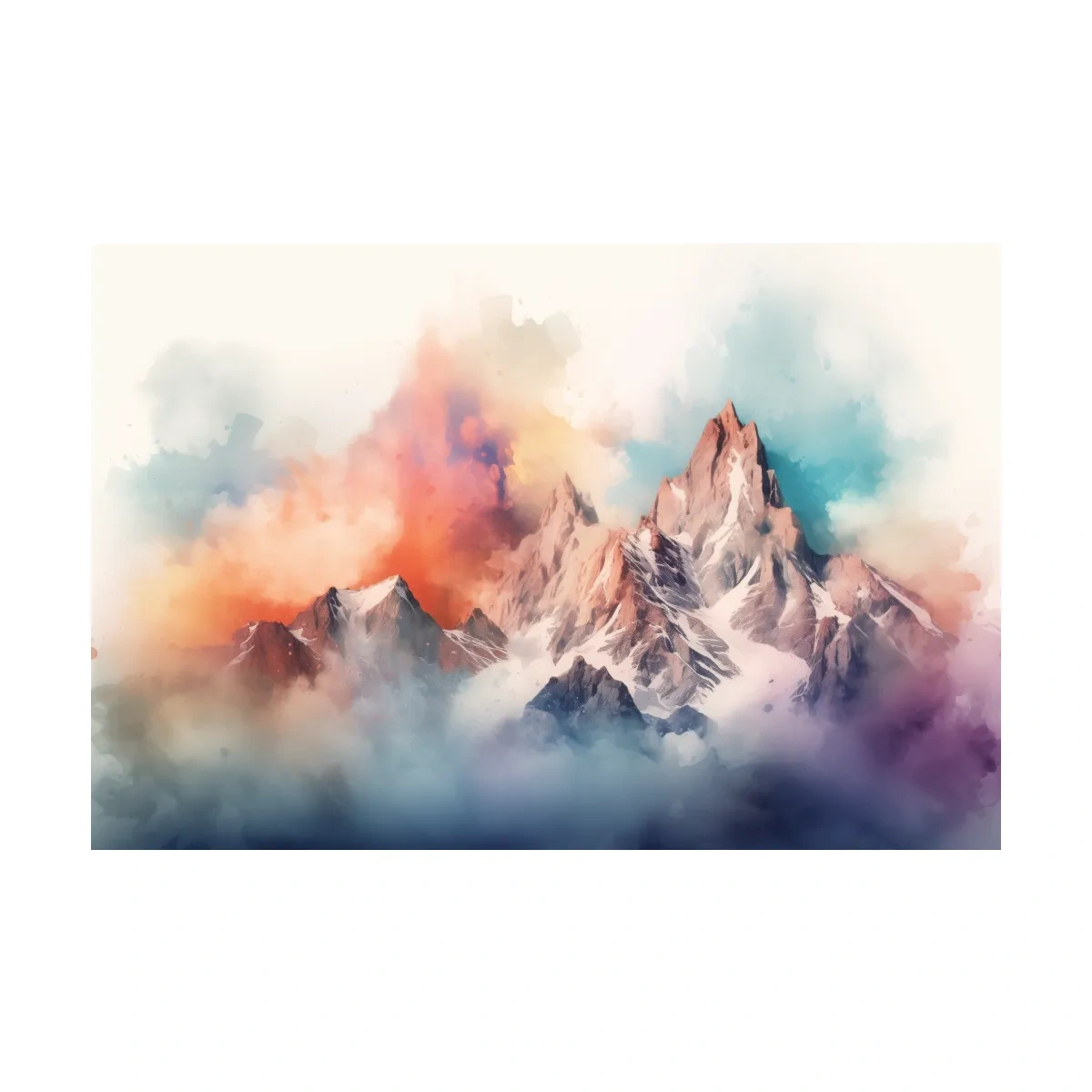 Vibrant Watercolor Alpine Mountain Peaks - Colorful Misty Artwork