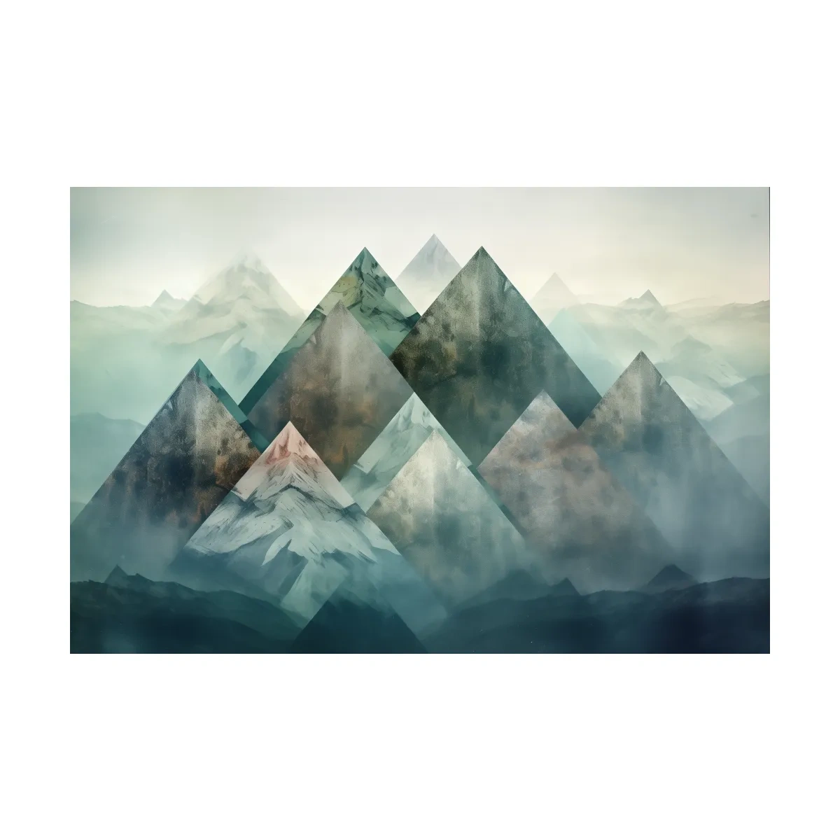 Mystical mountain landscape artwork, layered geometric peaks in misty hues