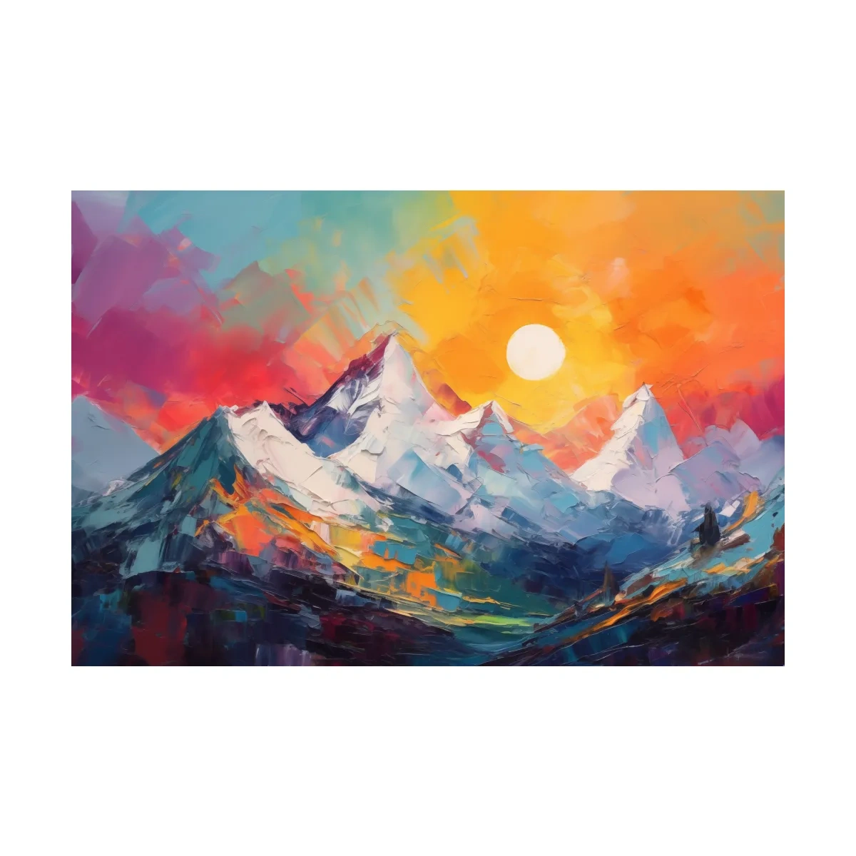 Colorful abstract mountain wall art, vibrant sunset oil painting print