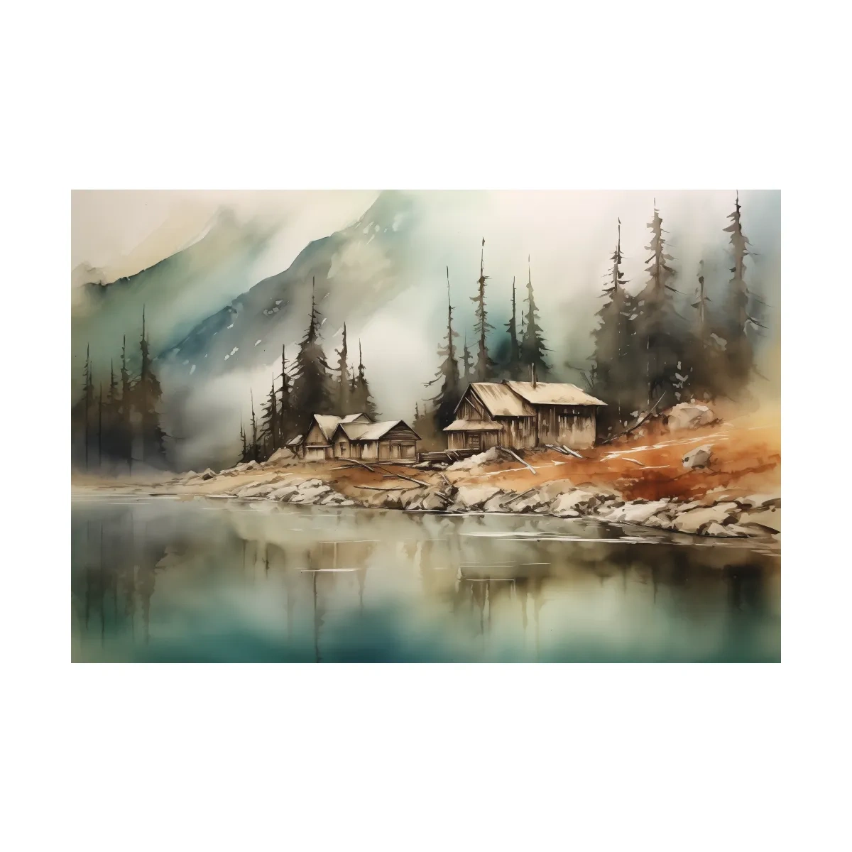 Rustic alpine mountain lake cabins, watercolor style landscape wall art
