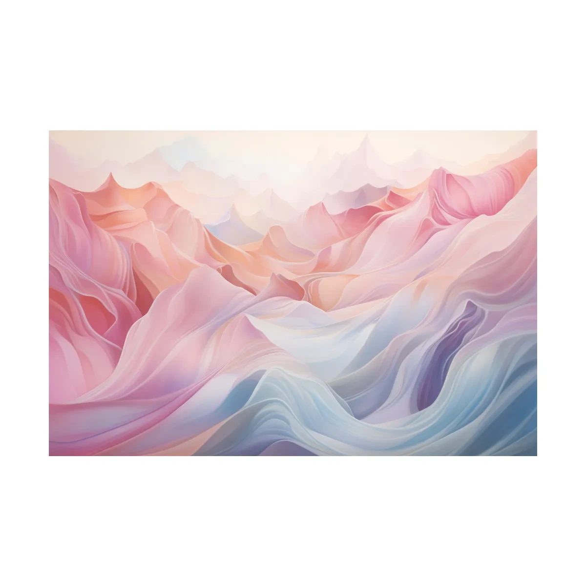 Soft pastel abstract mountain landscape artwork, flowing abstract waves in pink and blue tones