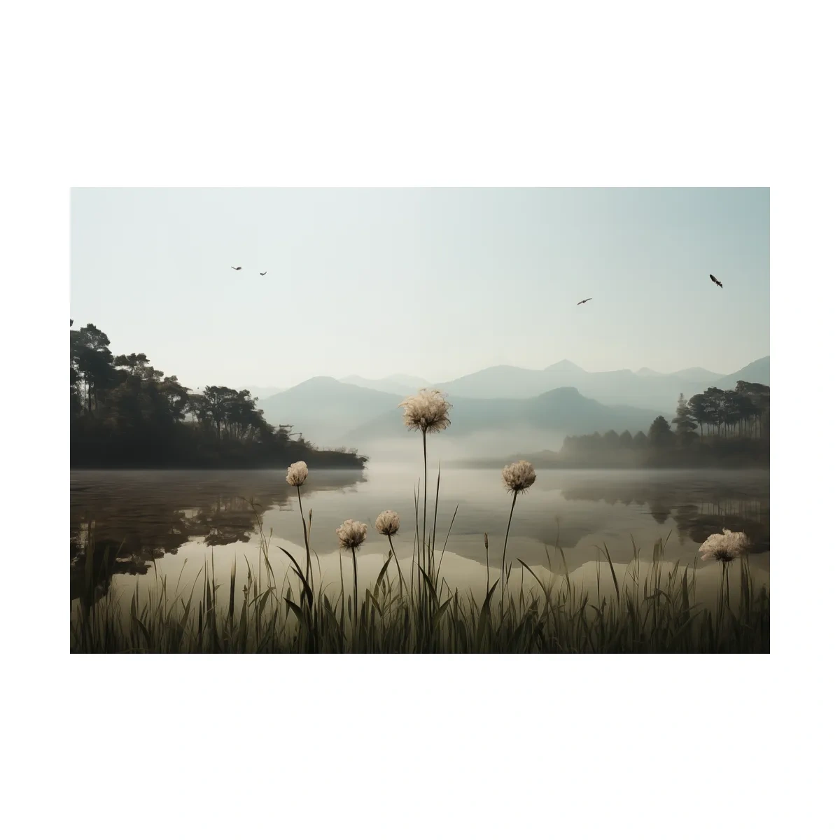 Misty Lake Painting With Wildflowers - Serene Landscape Wall Art