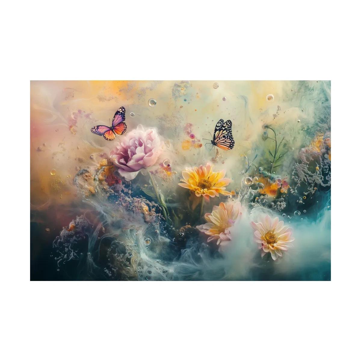 Abstract butterfly and flower wall art painting, dreamy pastel artwork