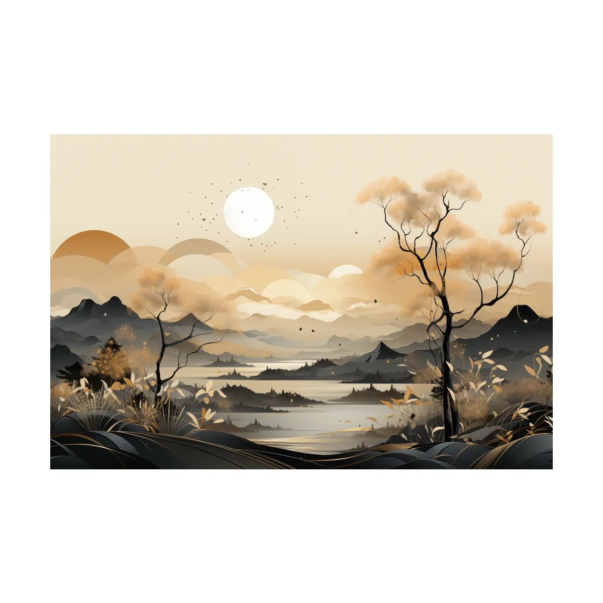 Japandi Misty Mountain Lake Landscape - Boho Wall Artwork