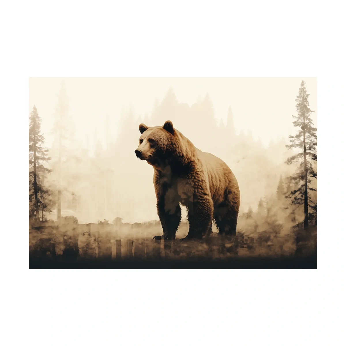 Grizzly bear in the forest, double exposure sepia photography artwork