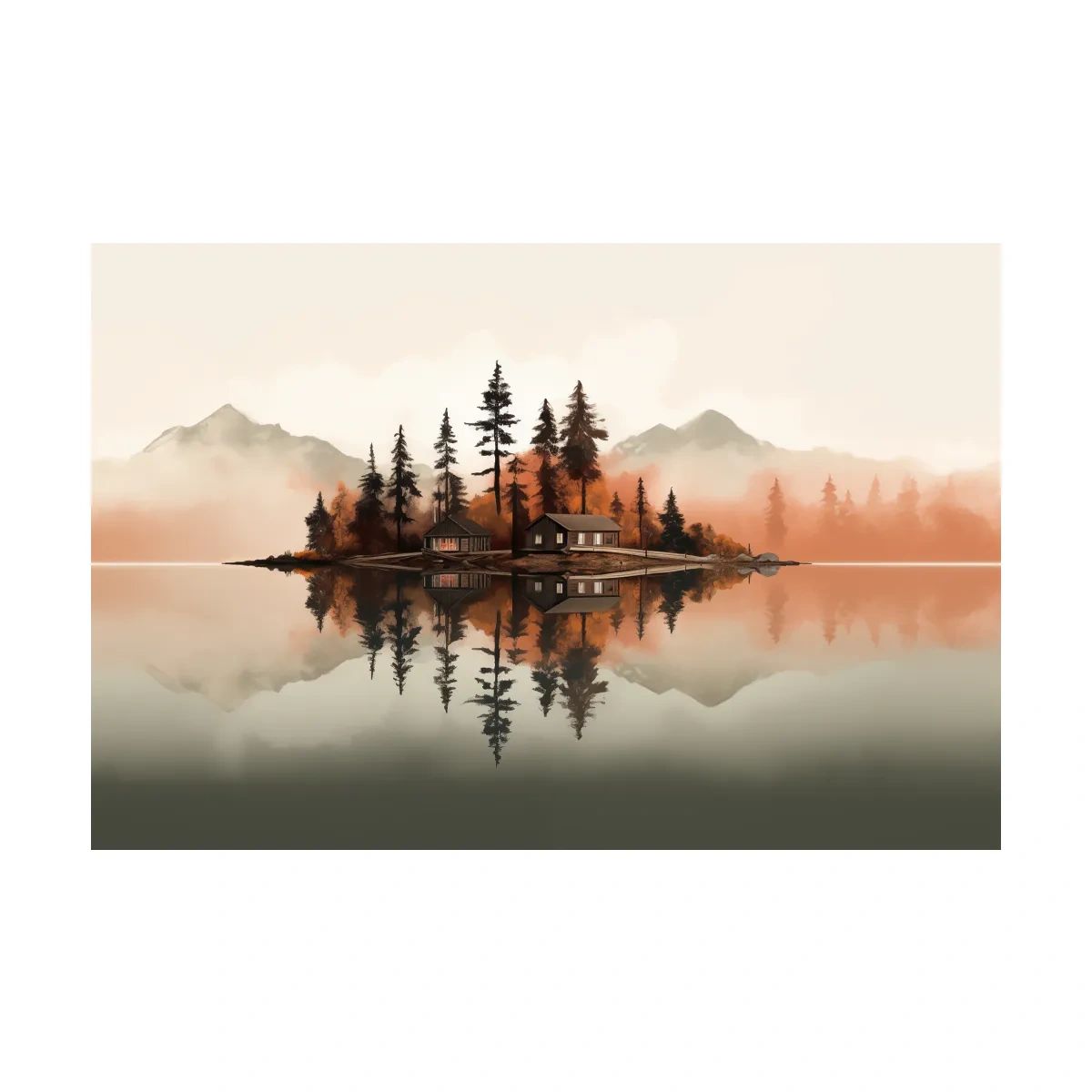 Minimalist art, lakeside cabin amongst the trees