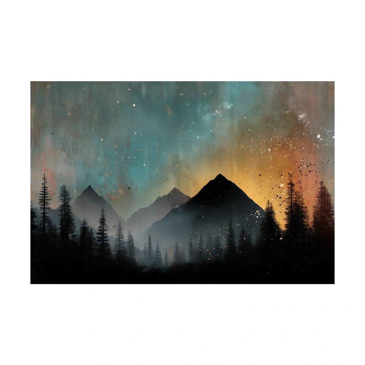 Moody Mountain Sunset Silhouette - Abstract Pine Forest Wall Art