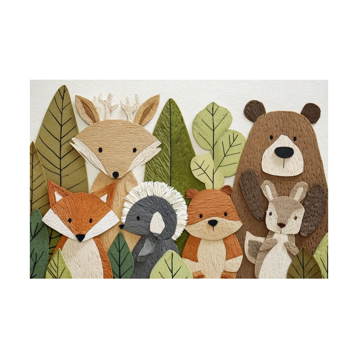 Woodland animal nursery decor, cute forest animal wall art in textured embroidery style