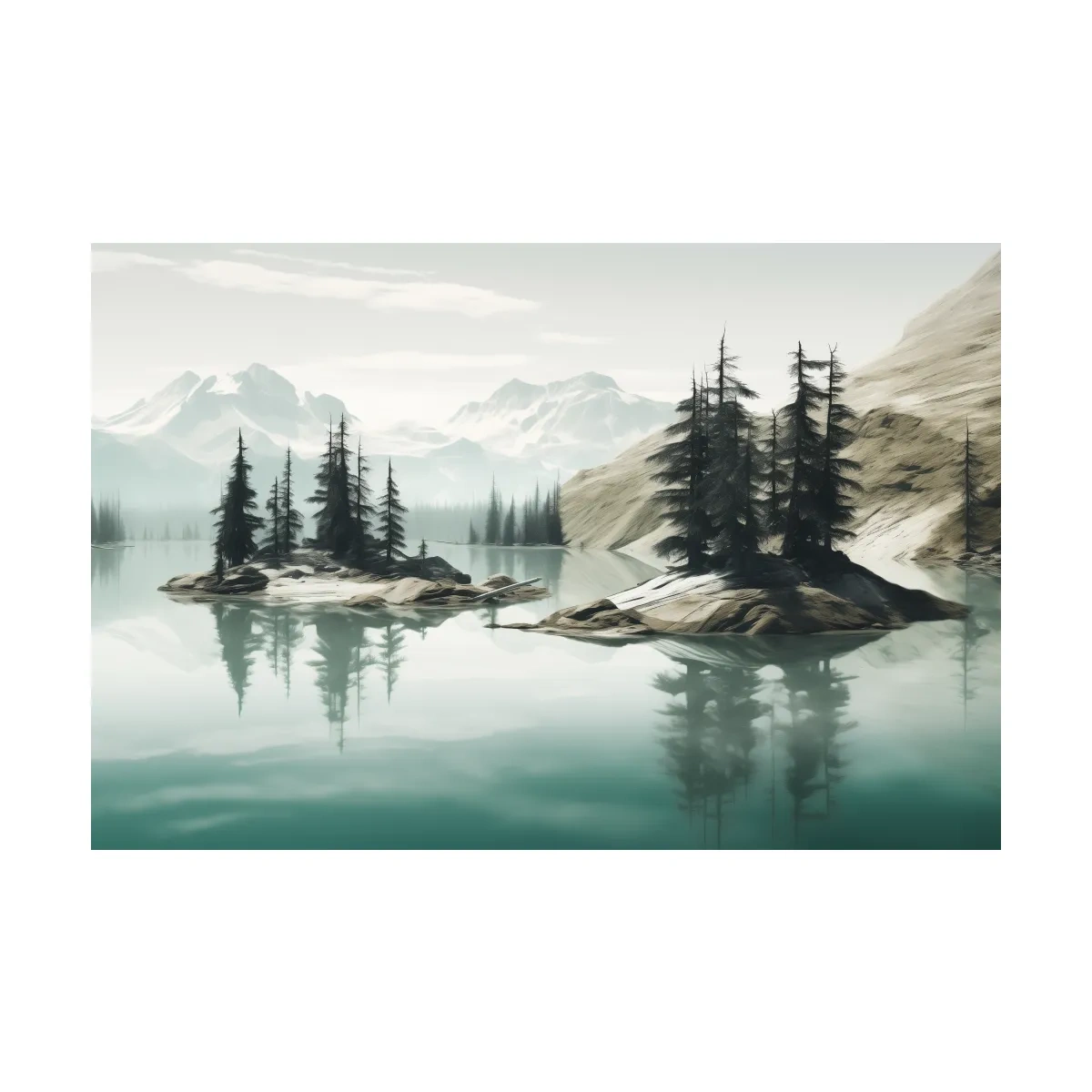 Painting of trees on a pacific northwest turquoise lake alpine lake