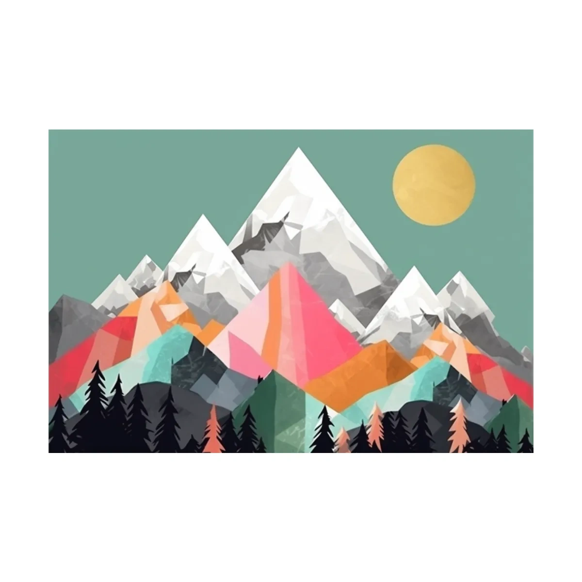 Geometric Abstract 2D Mountain Sunrise Art - Colorful Mid Century Wall Art